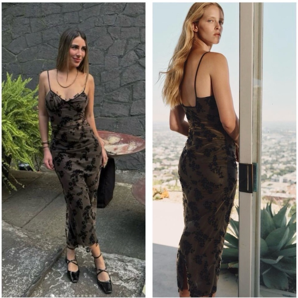 Zara Beige Midi Slip Dress with Black Floral Velvet Motif